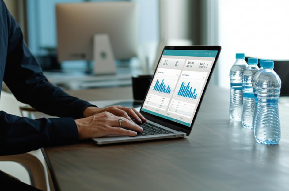 Giao diện phần mềm quản lý nước chai trên laptop trong văn phòng.