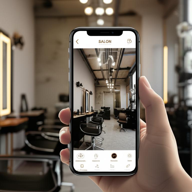 Giao diện ứng dụng quản lý salon tóc trên điện thoại hiển thị trong không gian salon hiện đại.