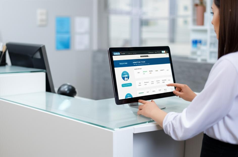 Không gian lễ tân thẩm mỹ viện hiện đại với nhân viên đang sử dụng phần mềm quản lý ngoại tuyến.