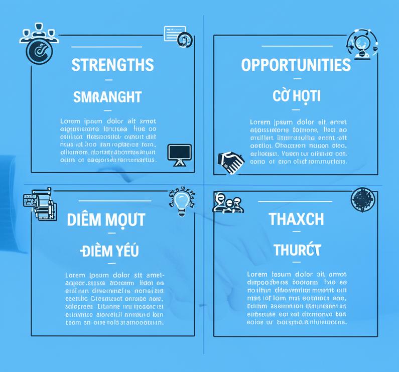 Infographic tóm tắt phân tích SWOT với 4 yếu tố: Điểm mạnh, Điểm yếu, Cơ hội, Thách thức.