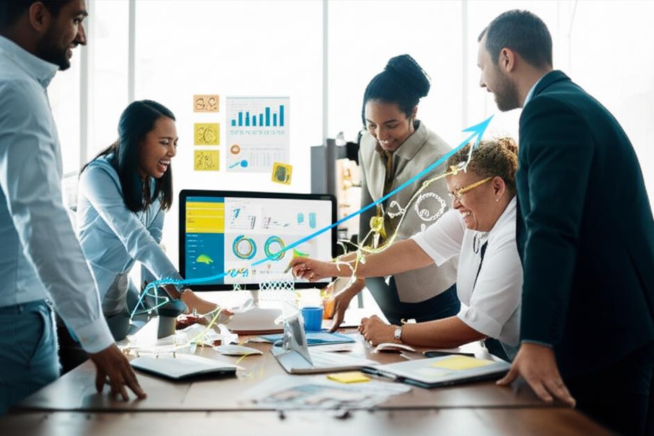 Đội ngũ chuyên nghiệp hợp tác, phát triển và đổi mới trong không gian làm việc hiện đại.