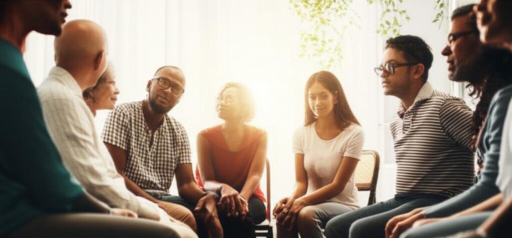 Nhóm người đa dạng kết nối qua sự lắng nghe và thấu cảm.