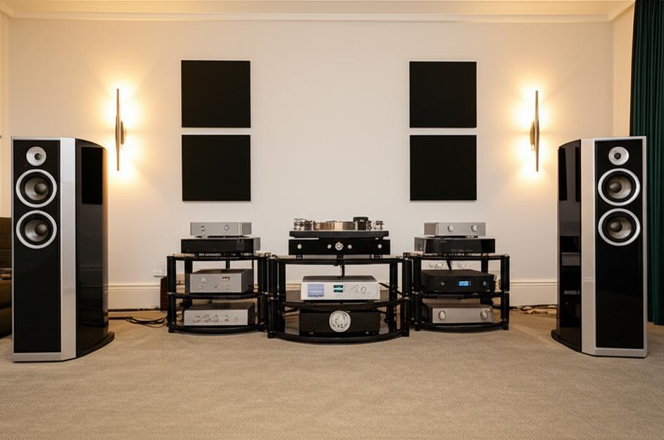 Dàn âm thanh hi-end sang trọng trong phòng khách hiện đại.