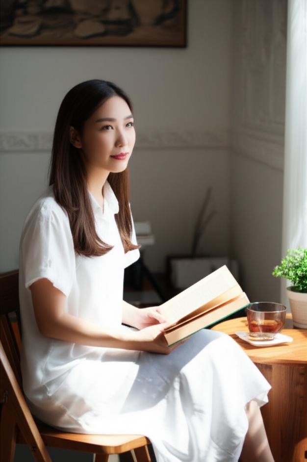 Phụ nữ thanh lịch đọc sách, thể hiện sự tinh tế và trí tuệ.