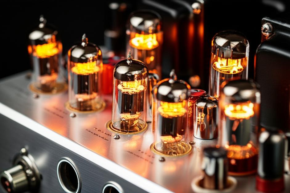 Cận cảnh pow amply đèn với các bóng chân không phát sáng ấm áp.