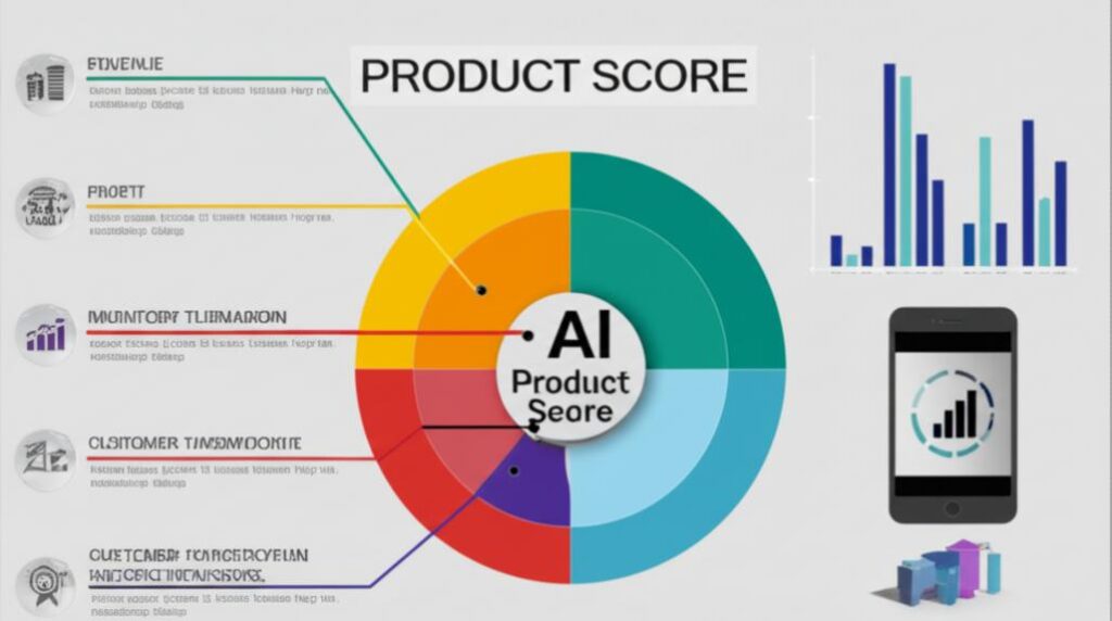 Infographic về các chỉ số tính điểm sản phẩm, bao gồm doanh thu, lợi nhuận, tồn kho và mức độ hài lòng khách hàng.
