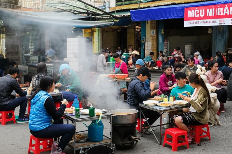 Khám Phá Quán Ăn Giá Rẻ: Bí Kíp Tìm Kiếm Địa Điểm Ngon Bổ Rẻ Cho Mọi Đối Tượng 5 Cảnh ẩm thực đường phố Việt Nam nhộn nhịp, thể hiện các quán ăn giá rẻ.