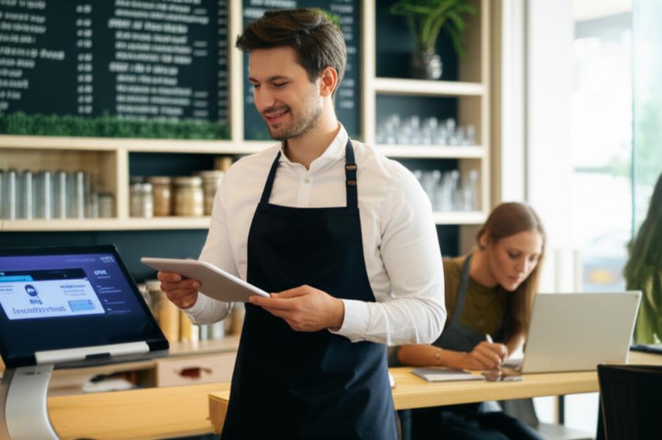 Quán cafe hiện đại với công nghệ quản lý hiệu quả qua máy tính bảng và laptop.