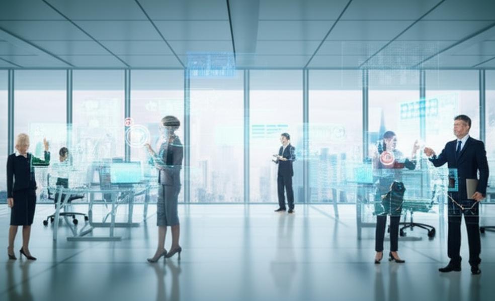 Văn phòng hiện đại với công nghệ 4.0, nhân viên tương tác với giao diện số.