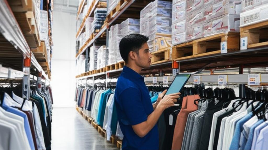 Kho hàng may mặc hiện đại, nhân viên dùng máy tính bảng quản lý sản phẩm theo size màu.
