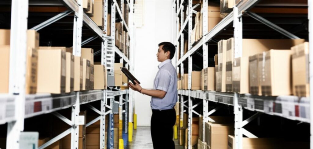 Kho hàng hiện đại với nhân viên đang sử dụng công nghệ để quản lý.