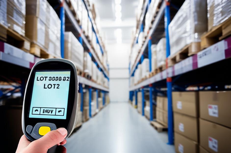 Kho hàng hiện đại với máy quét số lô và thùng hàng được dán nhãn.