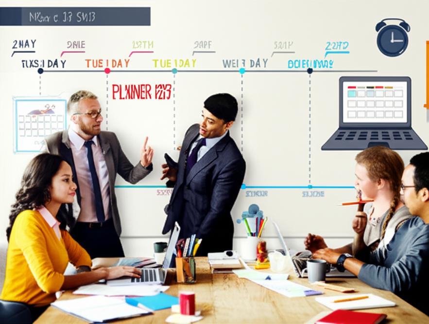 Nhóm chuyên gia hợp tác hiệu quả, lên kế hoạch trên dòng thời gian kỹ thuật số.