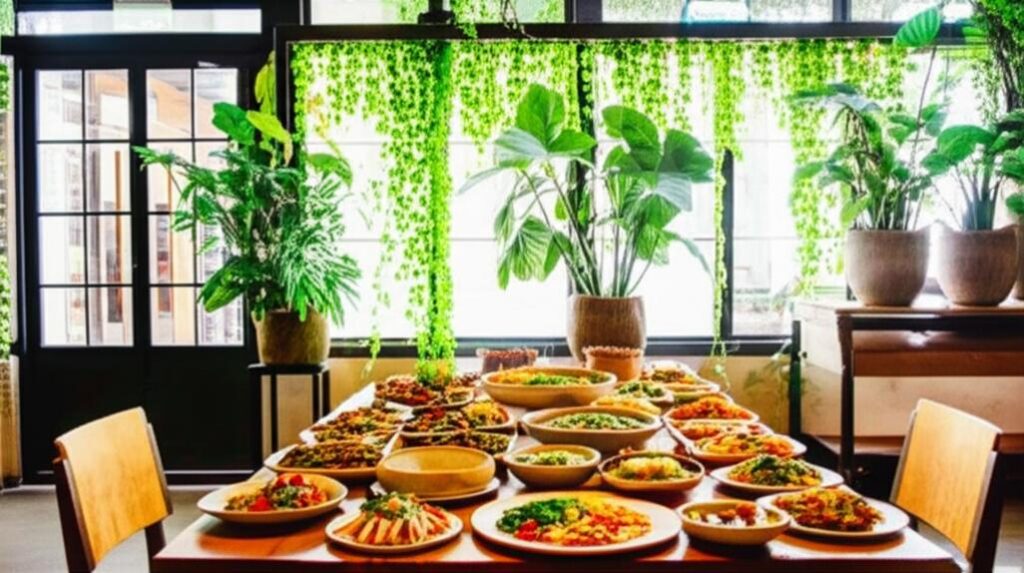 Không gian quán chay ấm cúng, thanh tịnh với nhiều cây xanh và món ăn hấp dẫn.