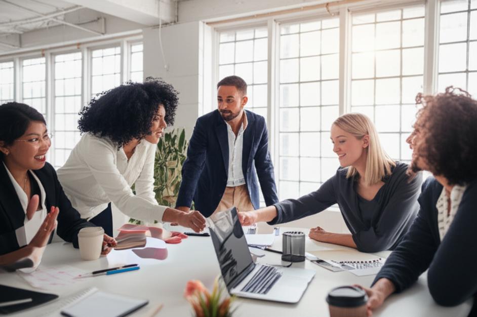 Nhóm chuyên gia đa dạng làm việc nhóm trong văn phòng hiện đại, thể hiện sự hợp tác và văn hóa doanh nghiệp tích cực.