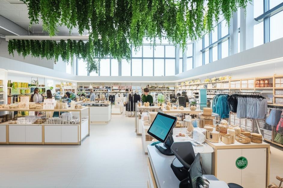 Cửa hàng bán lẻ tương lai với sản phẩm bền vững và thiết kế xanh.