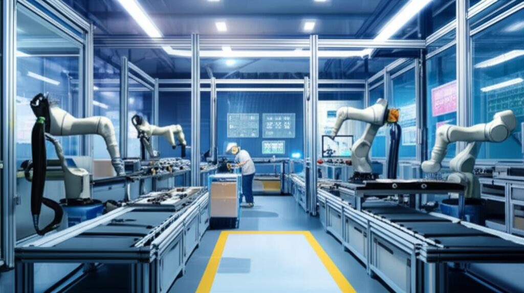 Robots and humans collaborating on a futuristic factory floor, highlighting advanced automation and efficiency.