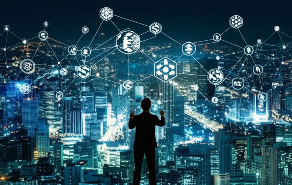 Rủi Ro DeFi 2.0: Hiểu Rõ Để Đầu Tư Thông Minh Trong Thế Giới Tài Chính Phi Tập Trung 4 Thành phố tương lai với biểu tượng DeFi và người xem xét biểu đồ rủi ro.