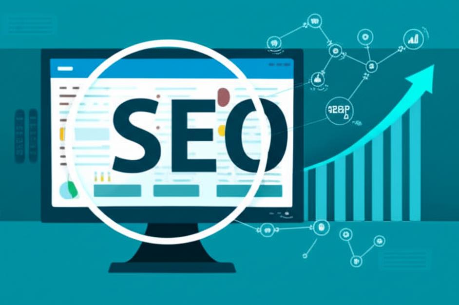 Illustration of SEO principles: magnifying glass, upward graph, search results, and digital icons.