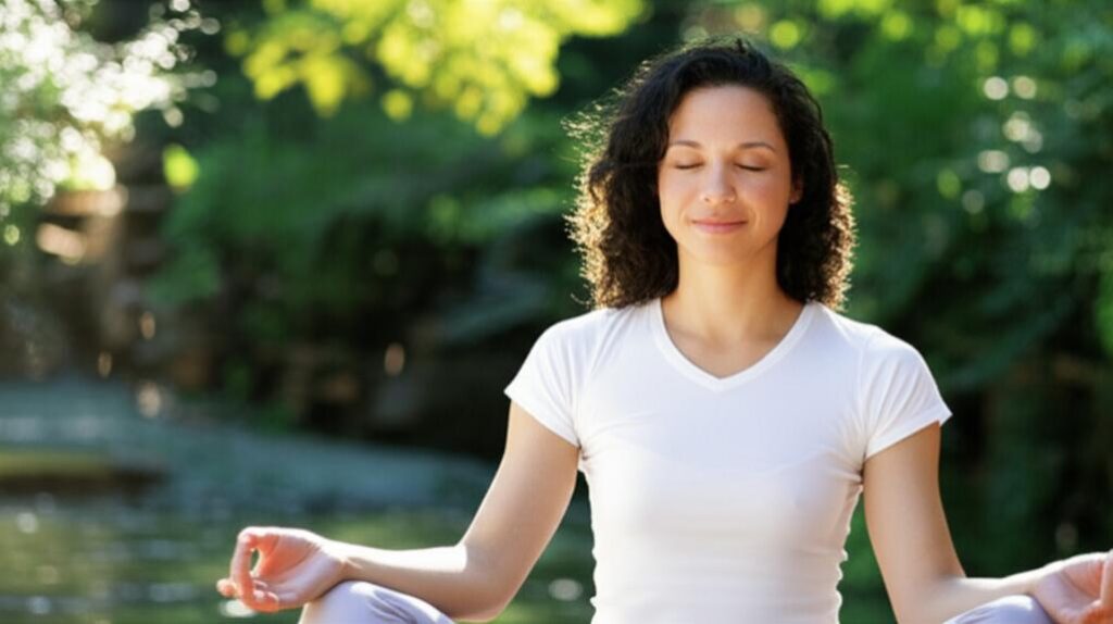 Phụ nữ thiền định trong vườn yên tĩnh, biểu tượng bình an nội tâm.