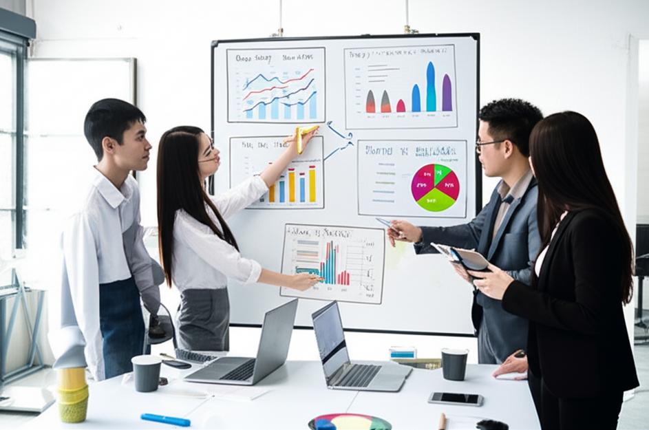 Nhóm doanh nhân thảo luận và so sánh các giải pháp kinh doanh trên bảng trắng.