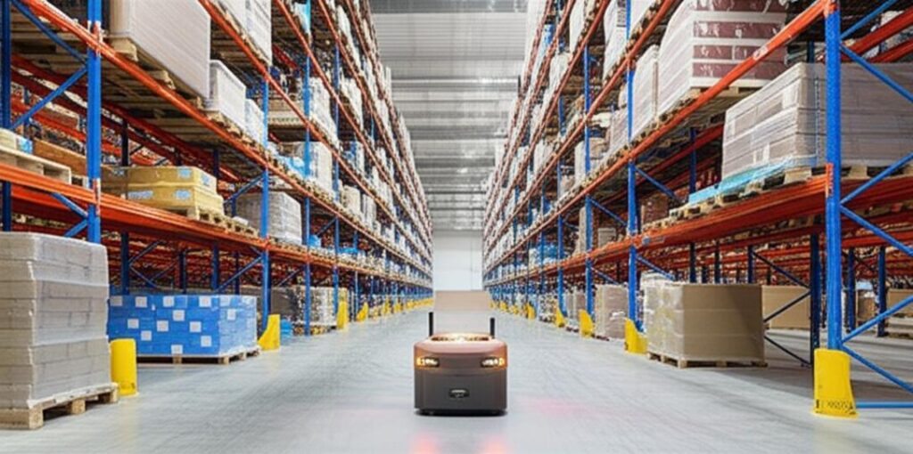 Robot tự hành làm việc trong kho hàng hiện đại.