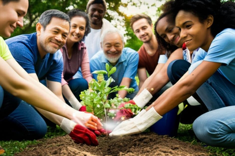 Nhóm người cùng nhau trồng cây, lan tỏa năng lượng tích cực.