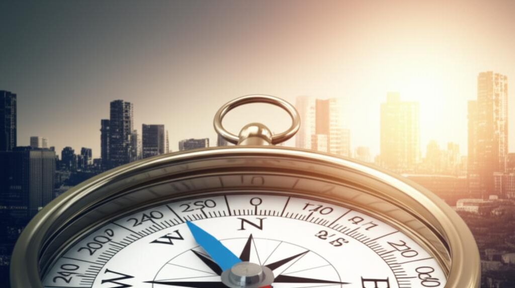 La bàn chỉ hướng tới thành phố tương lai, biểu tượng cho tầm nhìn chiến lược và thành công.