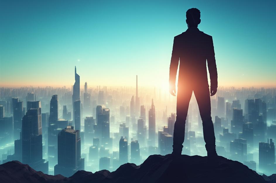 Người nhìn về phía thành phố tương lai từ đỉnh núi, biểu tượng cho tầm nhìn xa và thành công.