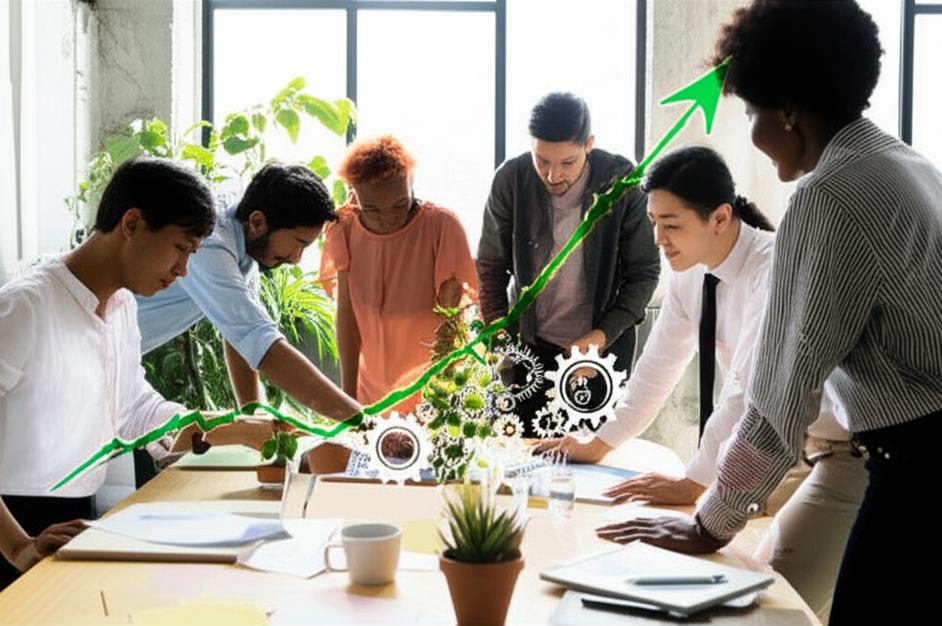 Nhóm người làm việc hiệu quả trong văn phòng hiện đại, biểu tượng cho sự sáng tạo và phát triển.