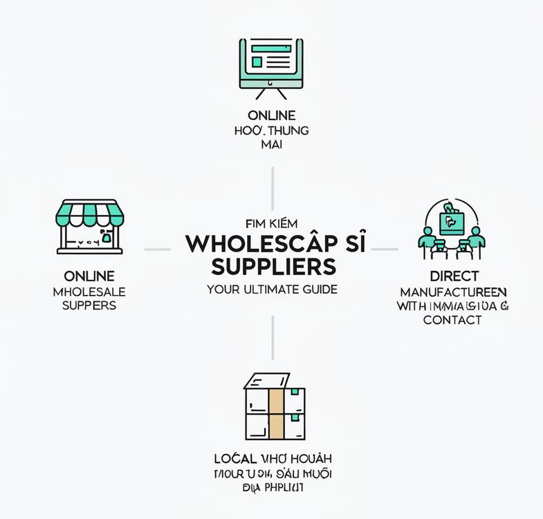 Infographic detailing effective methods for sourcing wholesale products online, at trade shows, local markets, and directly from manufacturers.