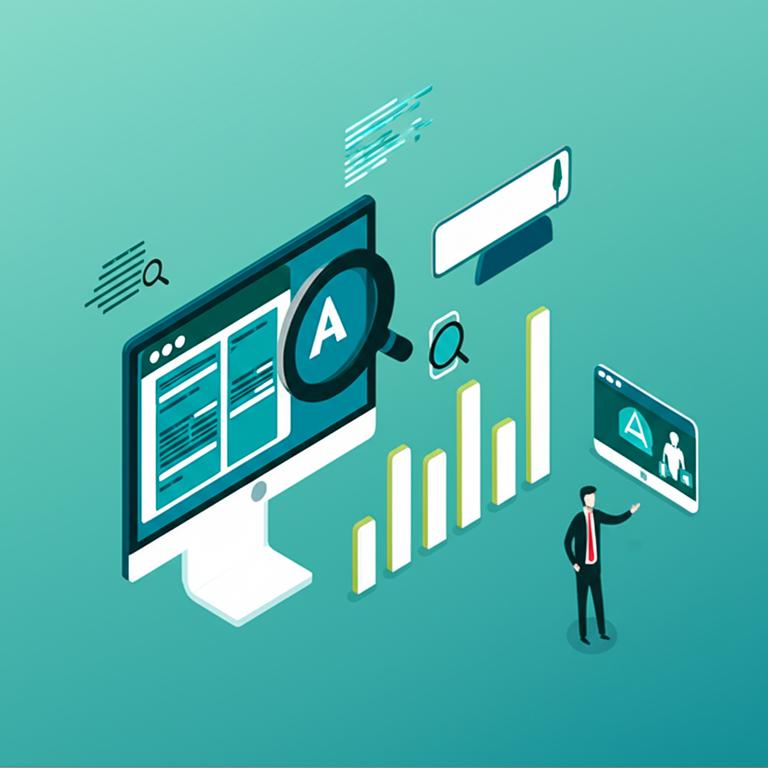 Đồ họa minh họa tối ưu hóa website với kính lúp, biểu đồ và thiết bị công nghệ.
