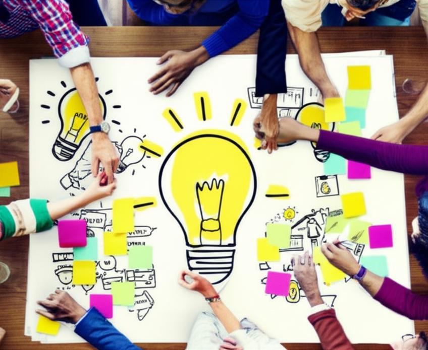 Nhóm người đa dạng cùng nhau brainstorm ý tưởng sáng tạo.