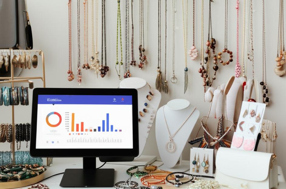 Cửa hàng phụ kiện hiện đại với màn hình POS hiển thị dữ liệu bán hàng.