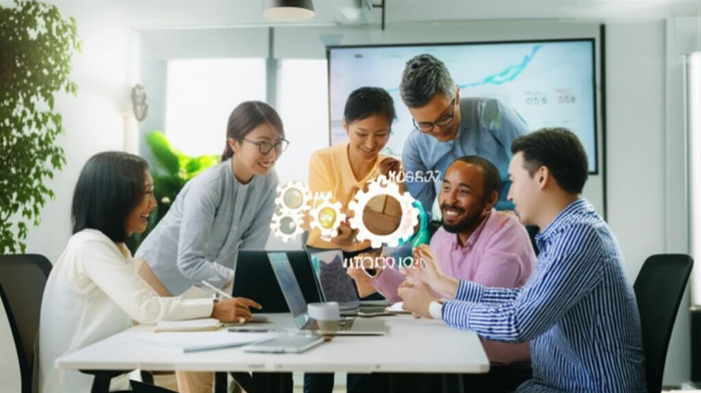 Nhân viên làm việc vui vẻ và hợp tác trong văn phòng hiện đại, thể hiện văn hóa doanh nghiệp tích cực.