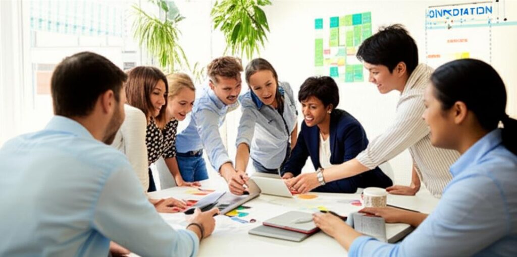 Nhân viên làm việc nhóm trong văn phòng hiện đại, đề cao sự hợp tác và năng lượng tích cực.