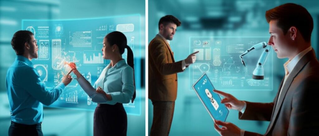 Ứng Dụng AI: Hướng Dẫn Toàn Diện Chuyển Đổi Số Doanh Nghiệp 5 Chuyên gia tương tác với AI trong văn phòng hiện đại.