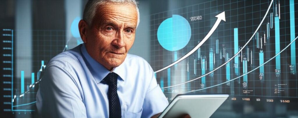 Nhà đầu tư thông thái với biểu đồ tài chính và công nghệ hỗ trợ.