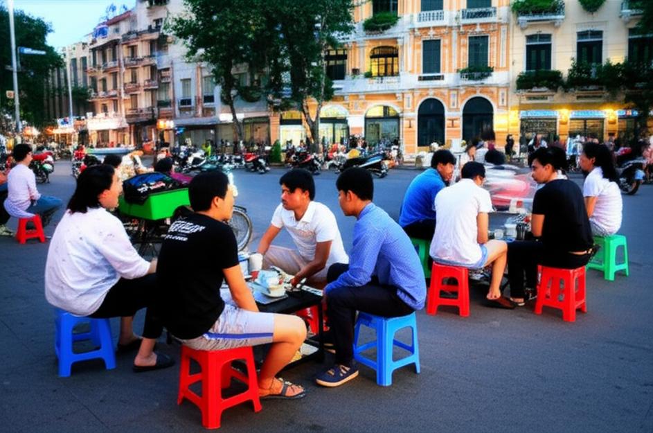 Cảnh quán cafe bệt Sài Gòn về đêm, người dân ngồi trên vỉa hè thưởng thức cà phê.