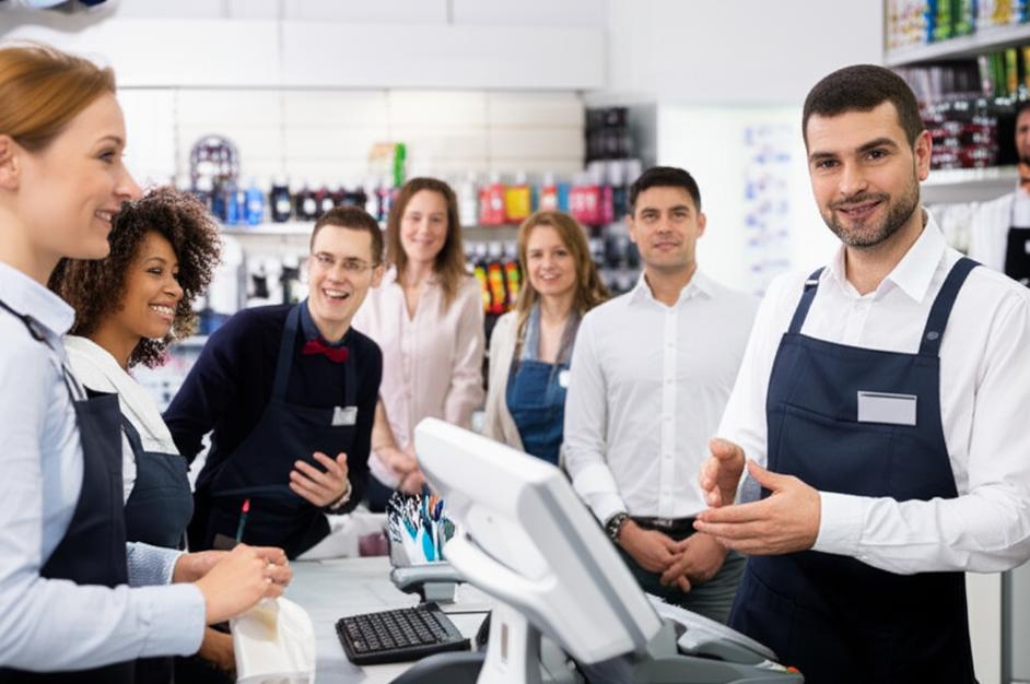 Nhân viên bán hàng tư vấn nhiệt tình cho khách hàng vui vẻ tại cửa hàng.