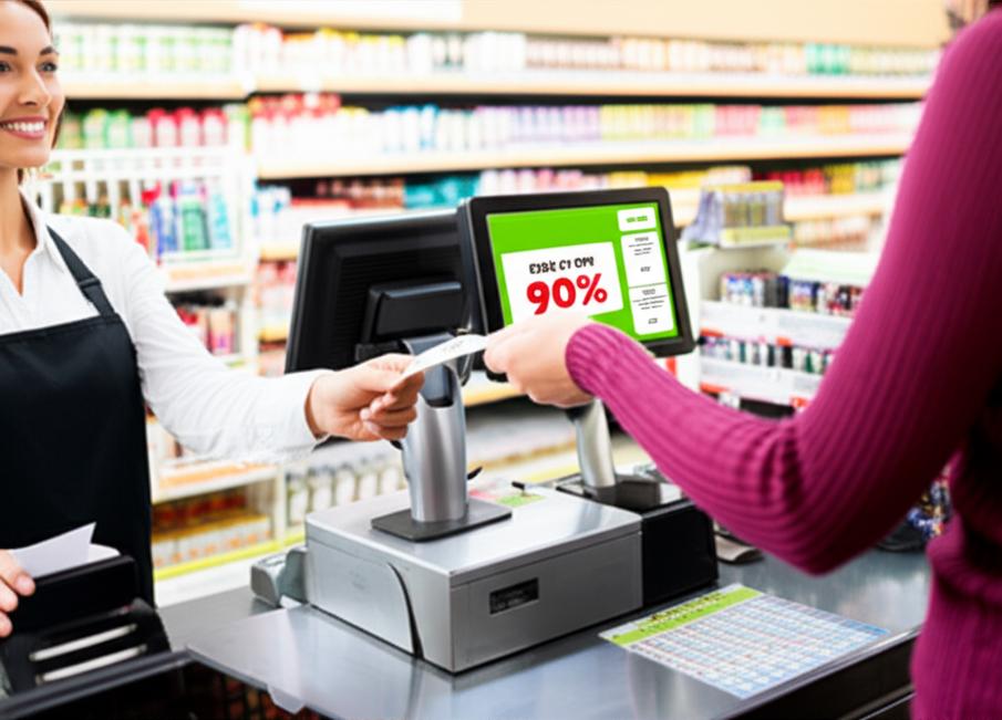 Cửa hàng bán lẻ với hệ thống POS hiển thị ưu đãi chiết khấu.