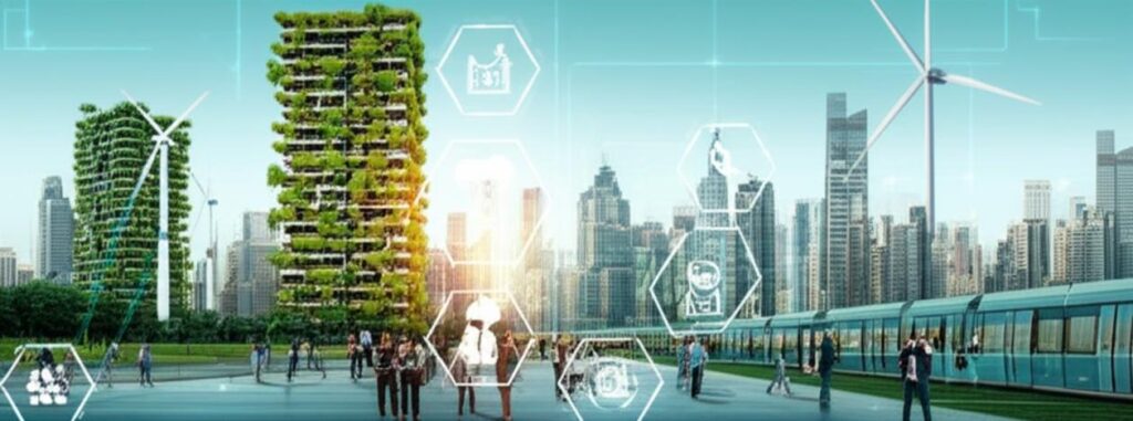 Thành phố tương lai với công nghệ xanh, cây xanh và năng lượng tái tạo.