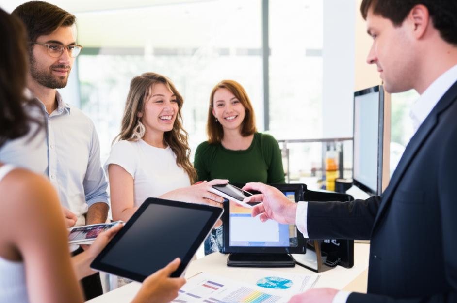 Minh họa đa dạng khách hàng tương tác tích cực với doanh nghiệp, thể hiện dịch vụ xuất sắc.