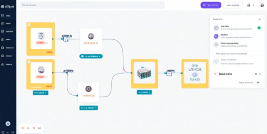 Minh họa nền tảng Dify.ai với giao diện low-code trực quan, kết nối các mô hình AI và dữ liệu, cùng sự tích hợp với Ebiz.