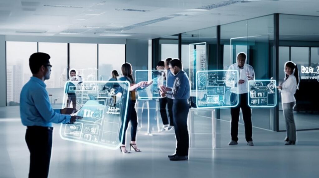 Nhân viên doanh nghiệp làm việc hiệu quả với công nghệ số trong văn phòng hiện đại.