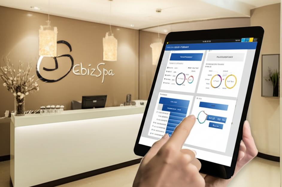 Giao diện phần mềm quản lý spa EbizSpa trên máy tính bảng tại lễ tân spa.