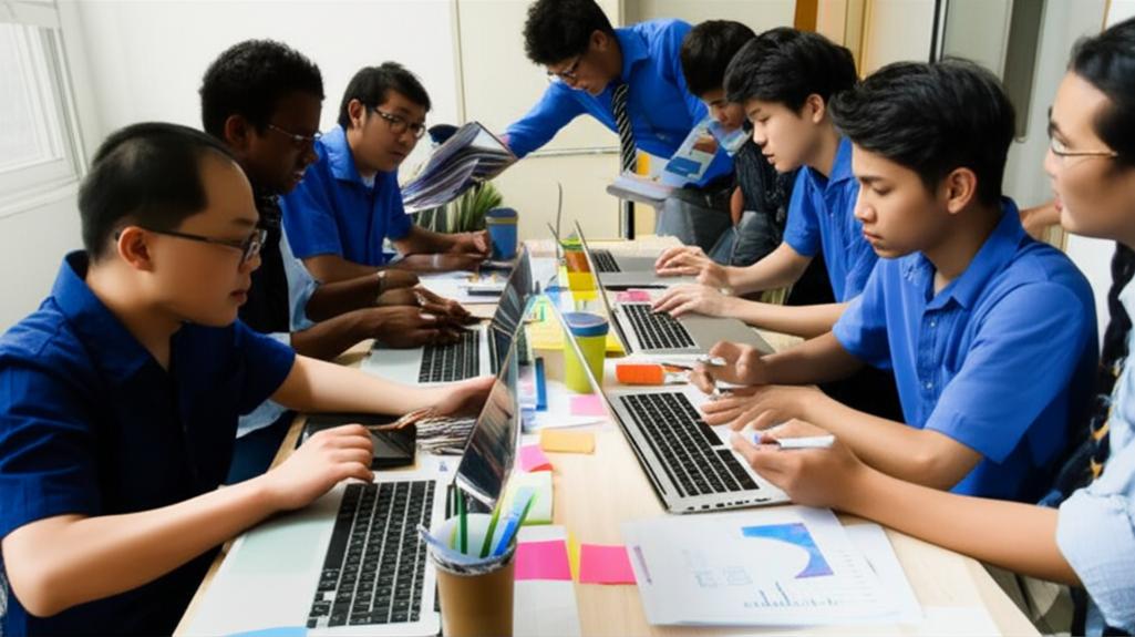 Team of entrepreneurs collaborating on e-commerce strategy using laptops and data analytics.