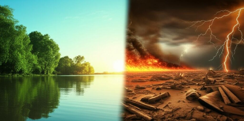 Sự tương phản giữa thiên nhiên yên bình và các hiện tượng thời tiết cực đoan.