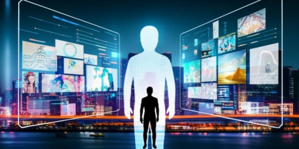 Thành phố tương lai với con người tương tác cùng các sản phẩm sáng tạo của AI.