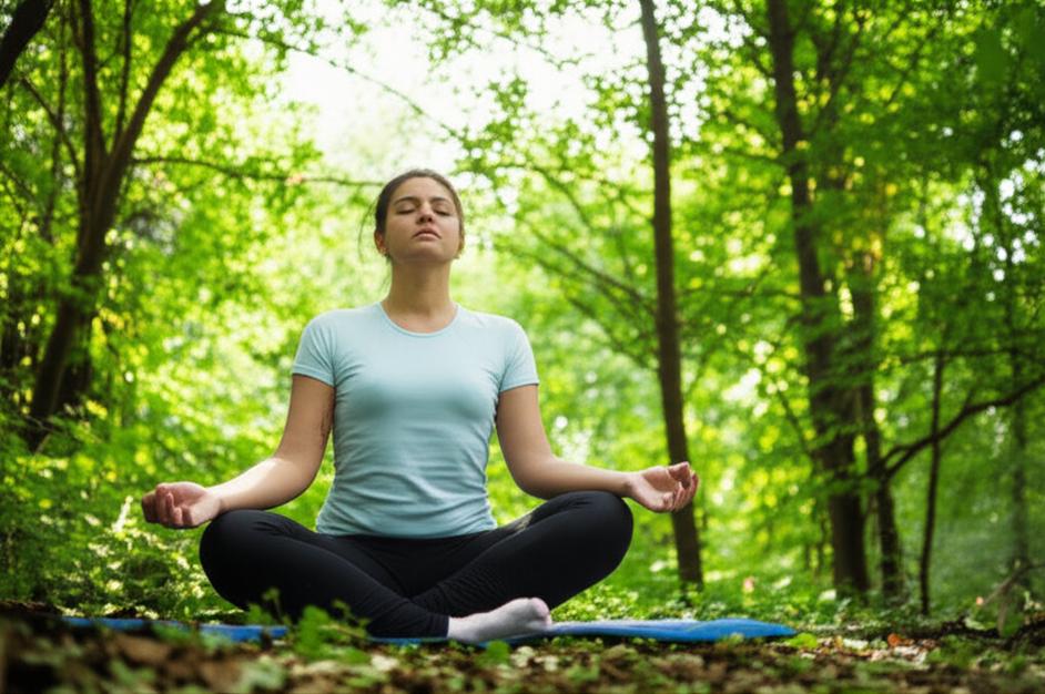 Người thiền định trong rừng, biểu tượng cho sự bình yên và giảm stress.